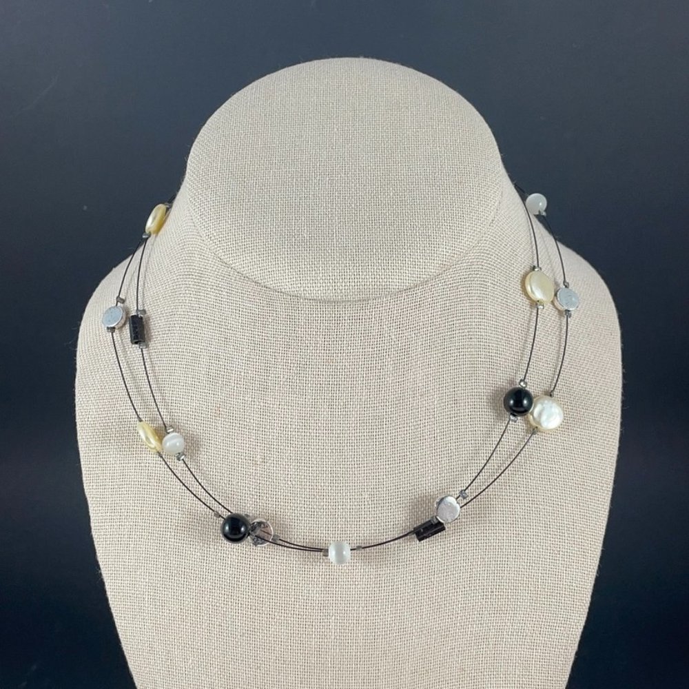 Necklace 2 Strand 16" Mother of Pearl, Crystal & Beaded Necklace on Fine Wire